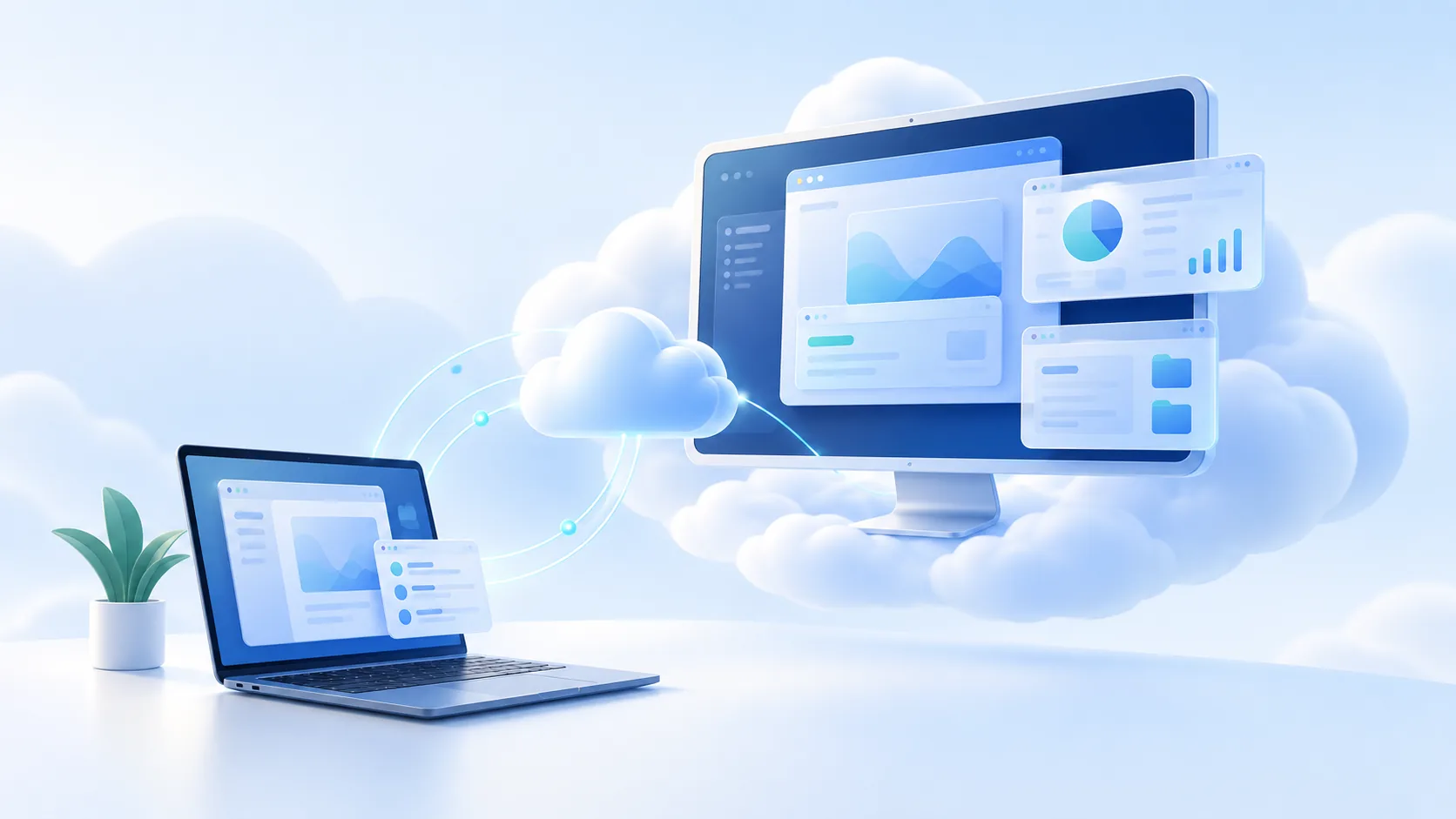 تصویر مفهومی دسکتاپ ابری هایو کلود و اتصال رایانه به محیط کار ابری